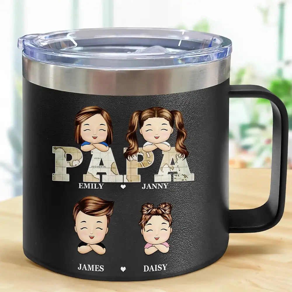 Vintage Map Papa Daddy Grandpa - Personalized 14oz Stainless Steel Tumbler With Handle