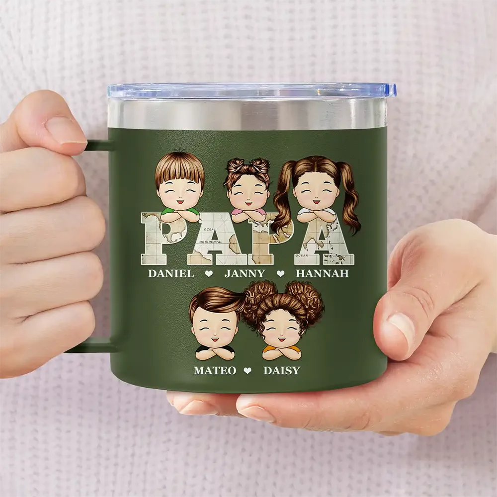 Vintage Map Papa Daddy Grandpa - Personalized 14oz Stainless Steel Tumbler With Handle