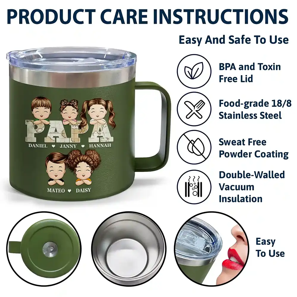 Vintage Map Papa Daddy Grandpa - Personalized 14oz Stainless Steel Tumbler With Handle