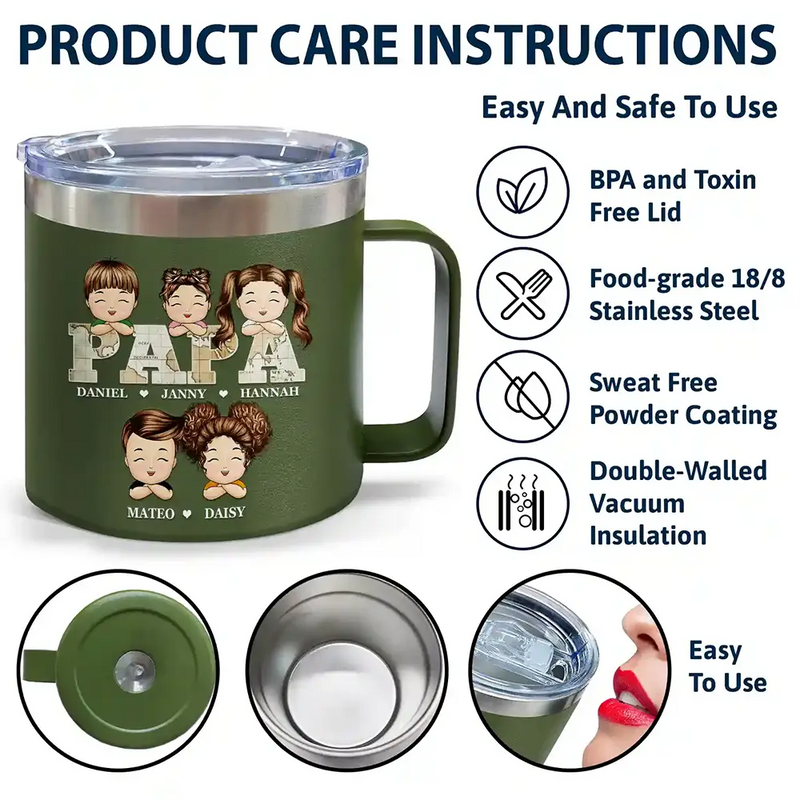 Vintage Map Papa Daddy Grandpa - Personalized 14oz Stainless Steel Tumbler With Handle