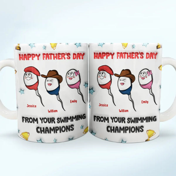 Bonne fête des pères, votre champion de natation ! Mug imprimé effet gonflé 3D, mug blanc personnalisé bord à bord