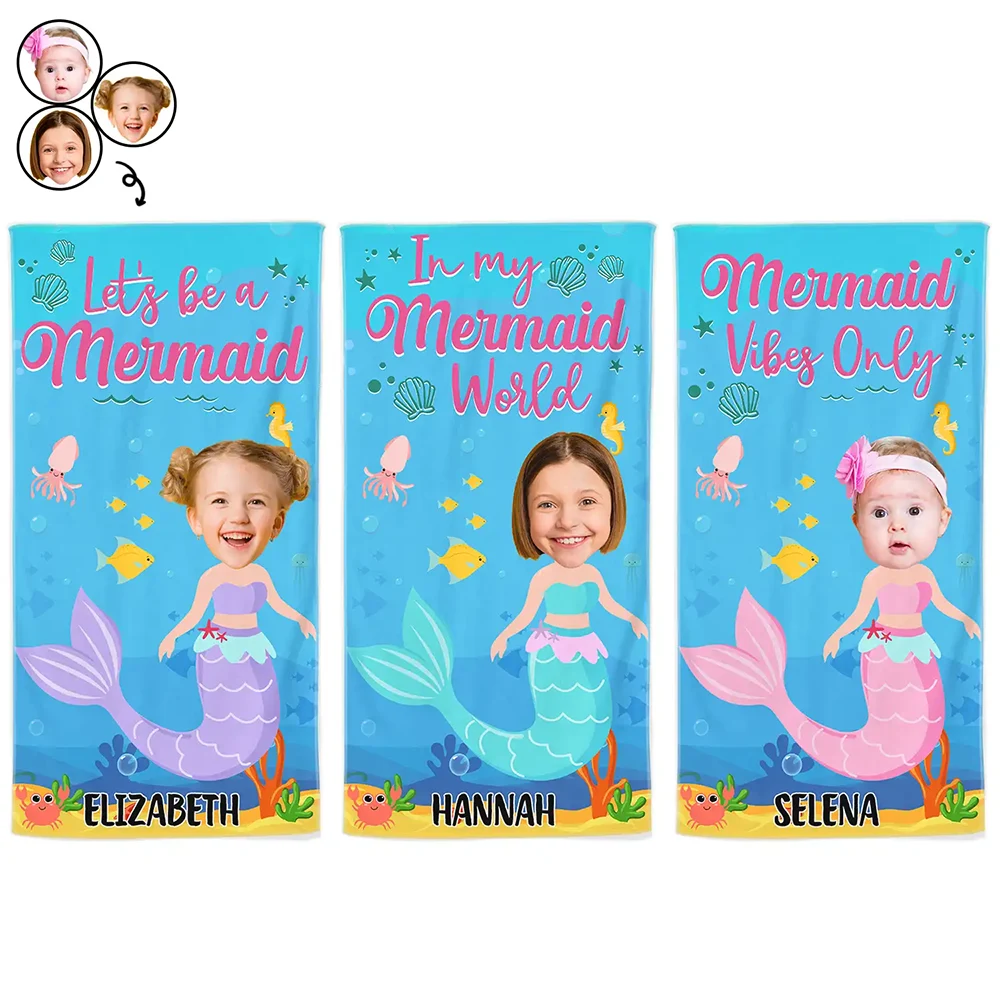 Custom Photo In My Mermaid World Kids Beach Towel - Personalized Beach Towel