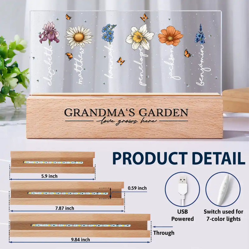 Fleurs du mois de naissance du jardin de grand-mère - Lumière LED rectangulaire personnalisée 