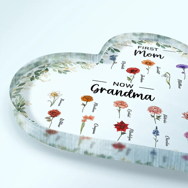 First Mom Now Grandma - Personalized Heart Shaped Acrylic Plaque