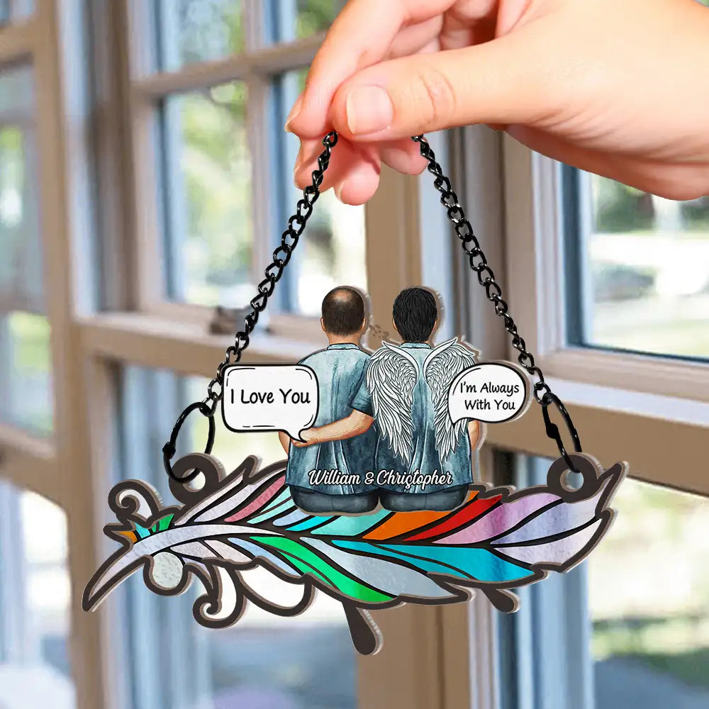 Always In My Heart Aged Couple Stain Glass Feather - Personalized Window Hanging Suncatcher Ornament