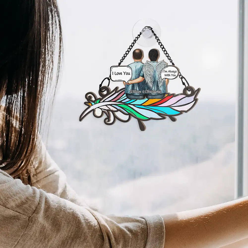 Always In My Heart Aged Couple Stain Glass Feather - Personalized Window Hanging Suncatcher Ornament