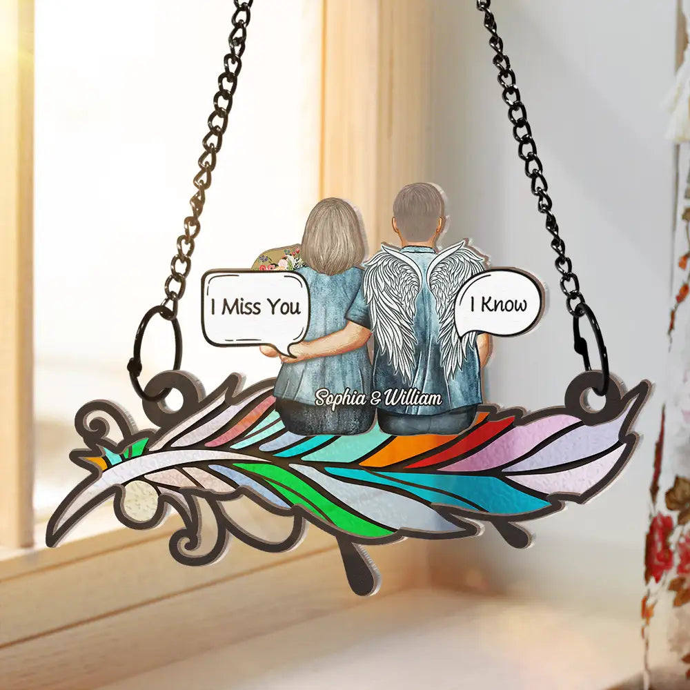 Always In My Heart Aged Couple Stain Glass Feather - Personalized Window Hanging Suncatcher Ornament