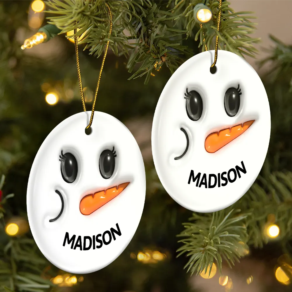Cute Snowman Smile Name - 3D Inflated Effect Printed Personalized Combo Circle Ceramic Ornament Set