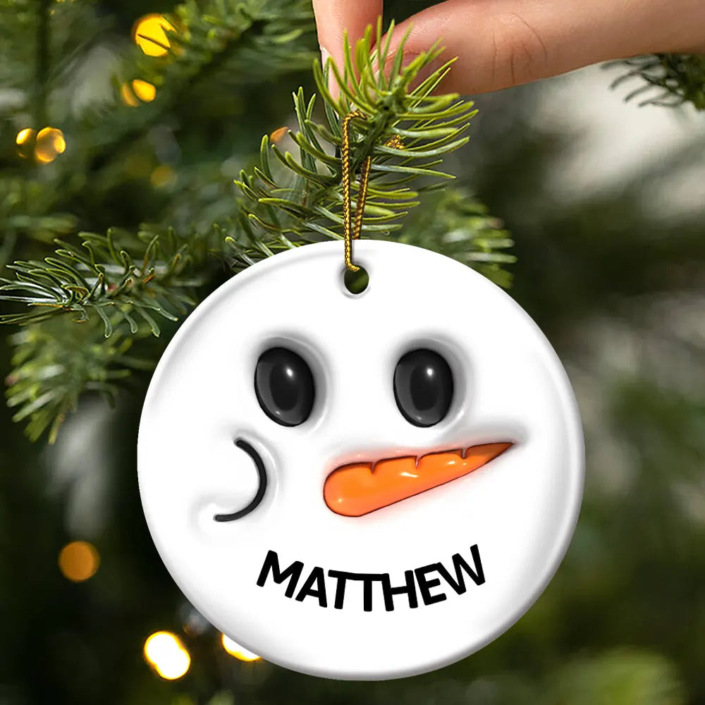 Cute Snowman Smile Name - 3D Inflated Effect Printed Personalized Combo Circle Ceramic Ornament Set