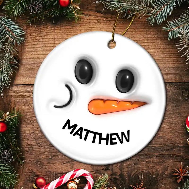 Cute Snowman Smile Name - 3D Inflated Effect Printed Personalized Combo Circle Ceramic Ornament Set