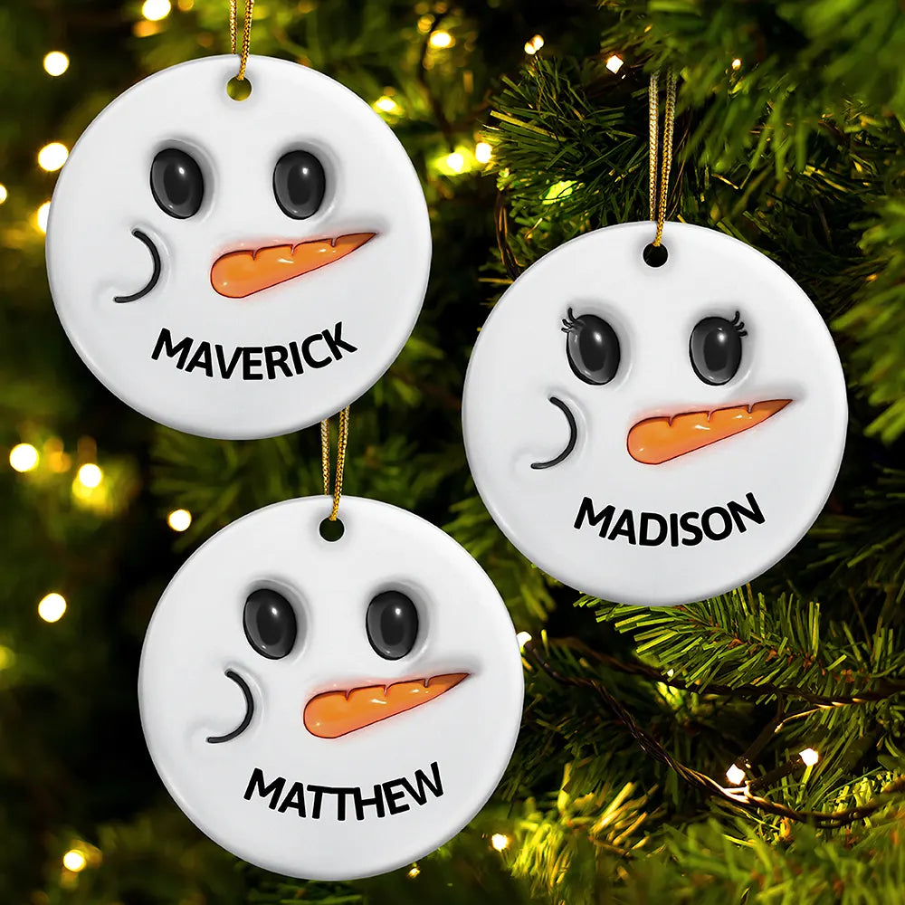 Cute Snowman Smile Name - 3D Inflated Effect Printed Personalized Combo Circle Ceramic Ornament Set