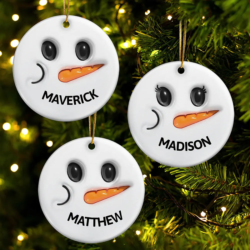 Cute Snowman Smile Name - 3D Inflated Effect Printed Personalized Combo Circle Ceramic Ornament Set