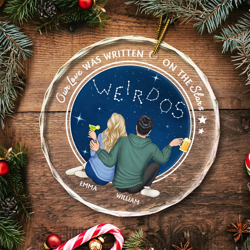 Our Love Was Written On The Stars - Personalized Circle Glass Ornament