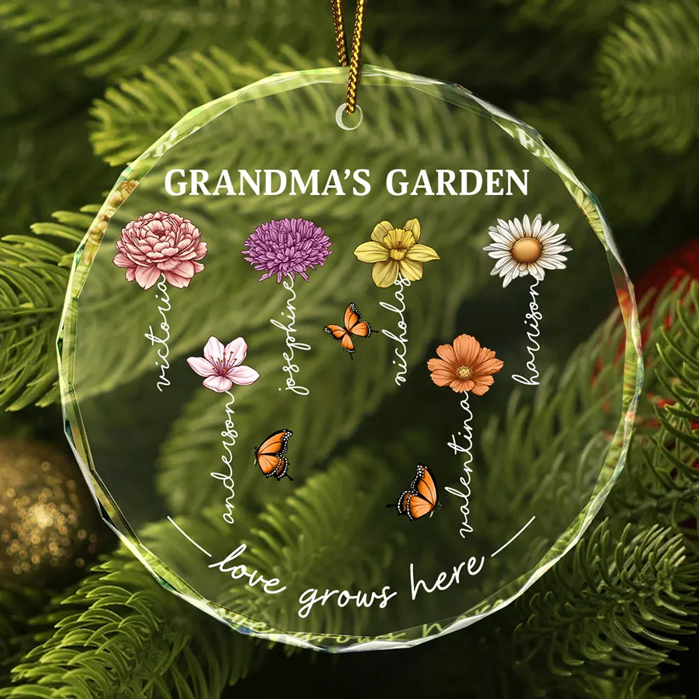 Grandma's Garden Birth Month Flowers - Personalized Circle Glass Ornament