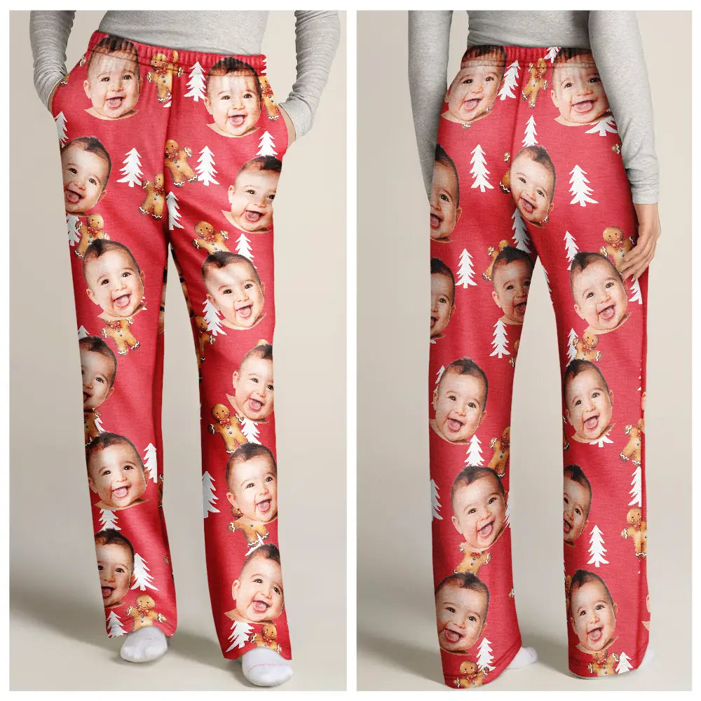 Gift For Mother - Custom Photo Human Pets Face Gingerbread Pattern - Personalized Pajama Pants