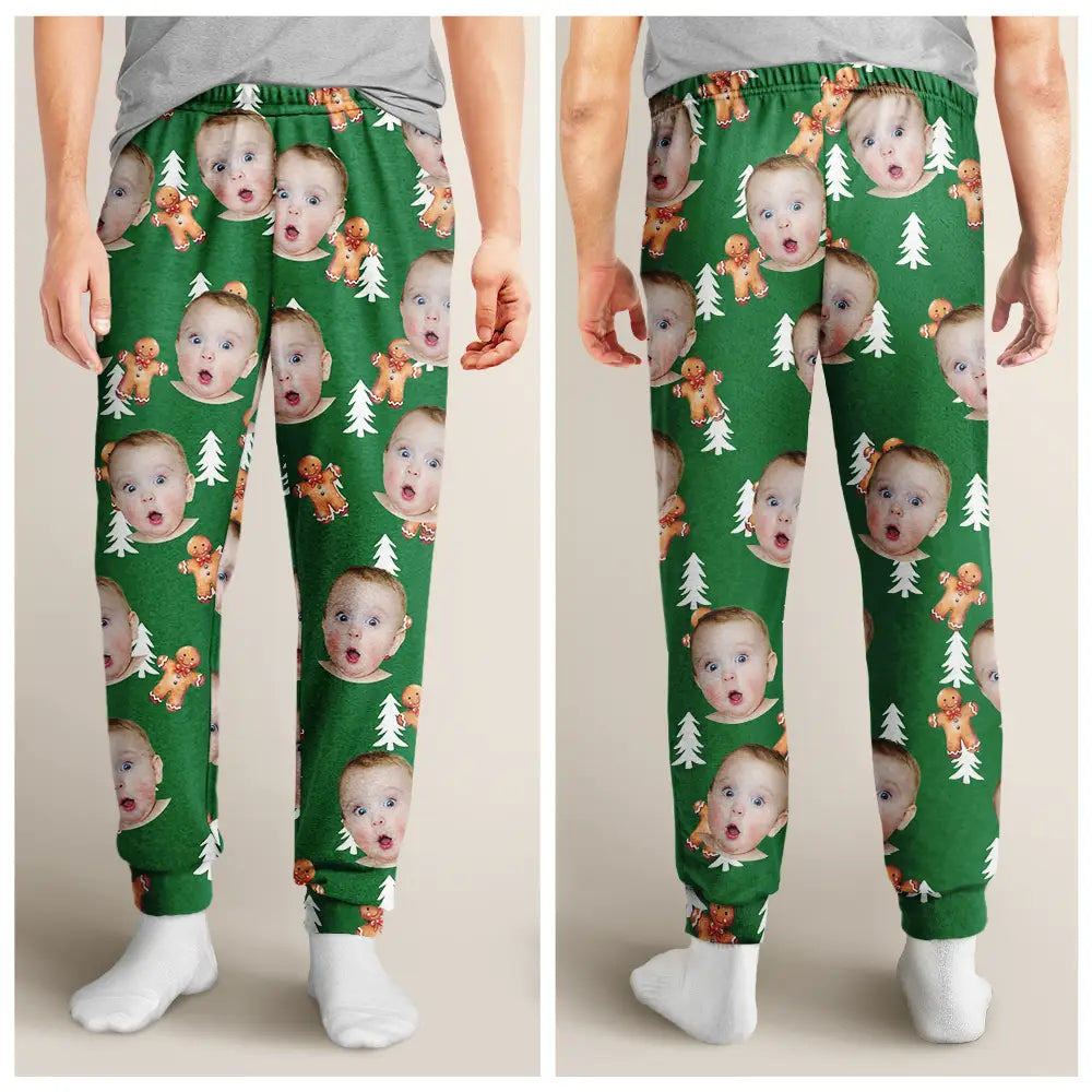 Gift For Mother - Custom Photo Human Pets Face Gingerbread Pattern - Personalized Pajama Pants
