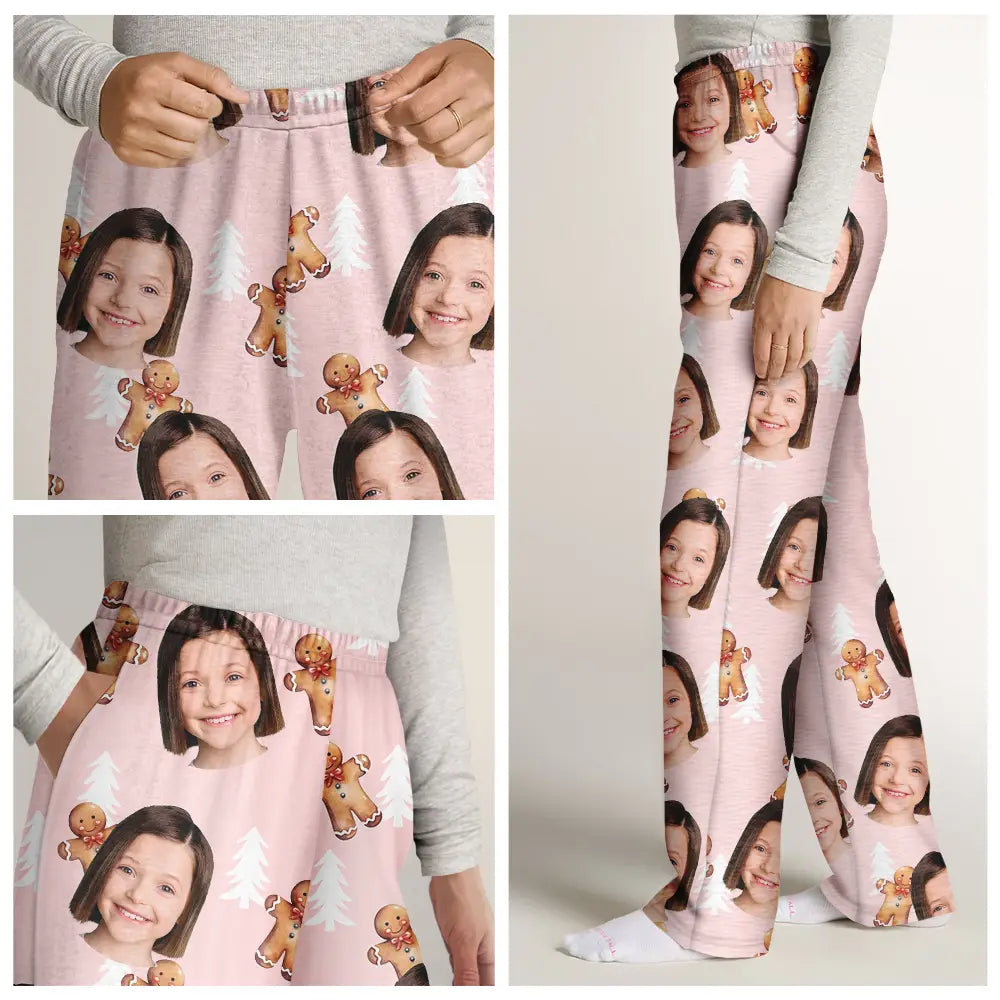 Gift For Mother - Custom Photo Human Pets Face Gingerbread Pattern - Personalized Pajama Pants
