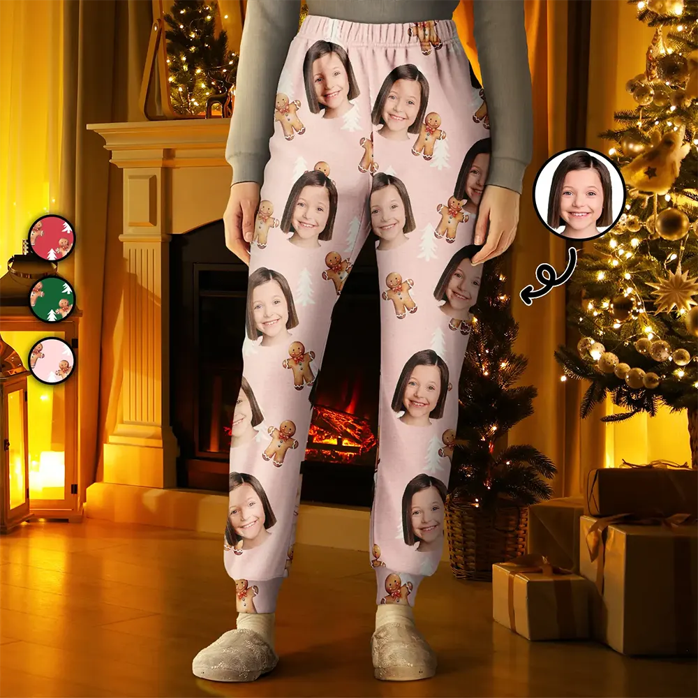 Gift For Mother - Custom Photo Human Pets Face Gingerbread Pattern - Personalized Pajama Pants