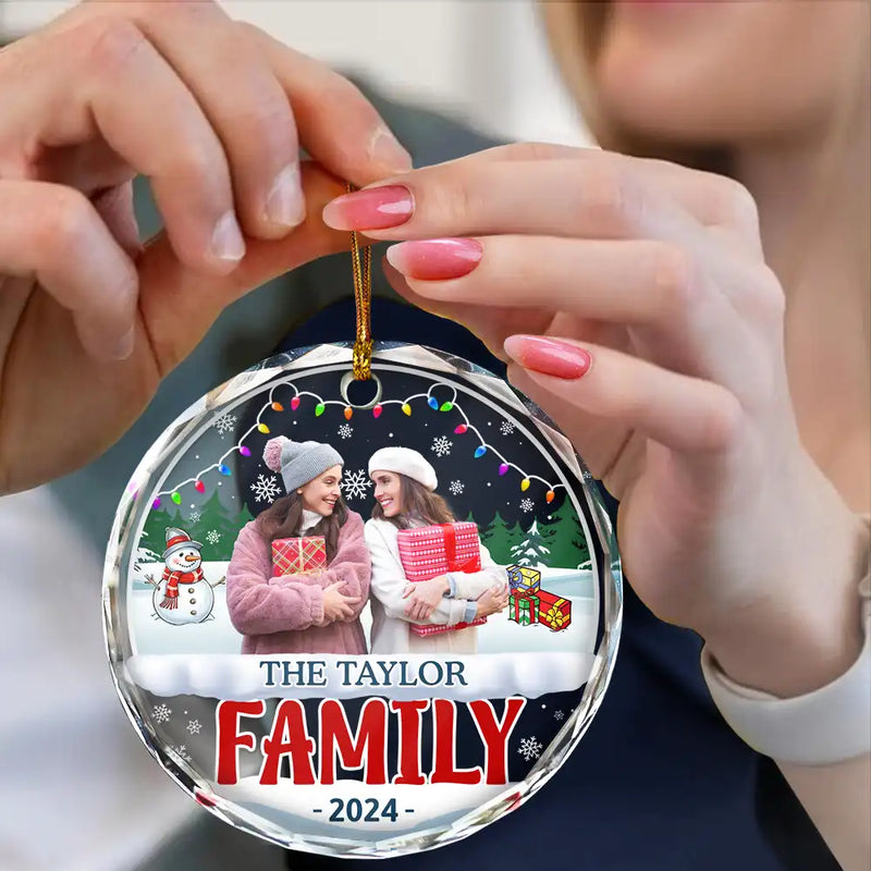 Christmas,Family,Parents,Happy,Custom Photo - Custom Photo Christmas Family - Personalized Circle Glass Ornament