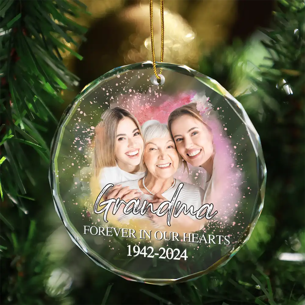 Memorial, Gift For Grandma, Gift For Grandpa, Gift For Grandparents, Parents -Custom Photo Memorial Forever Our My Hearts - Personalized Circle Glass Ornament