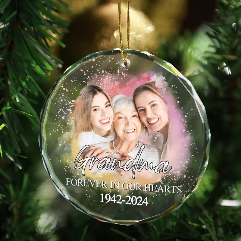 Memorial, Gift For Grandma, Gift For Grandpa, Gift For Grandparents, Parents -Custom Photo Memorial Forever Our My Hearts - Personalized Circle Glass Ornament