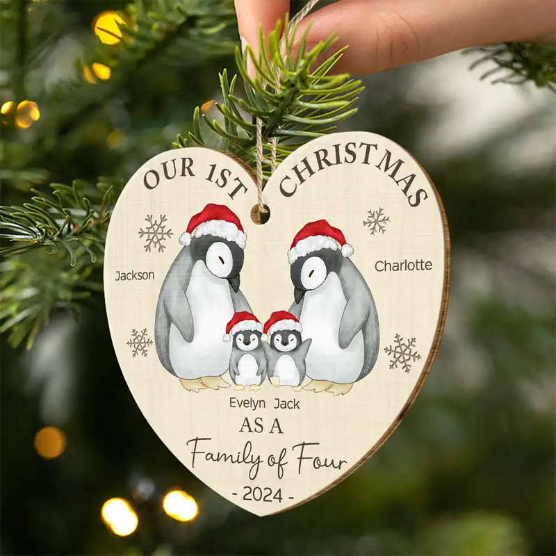 Family, Parents - First Christmas As A Family Of Three Penguin - Personalized Custom Shaped Wooden Ornament