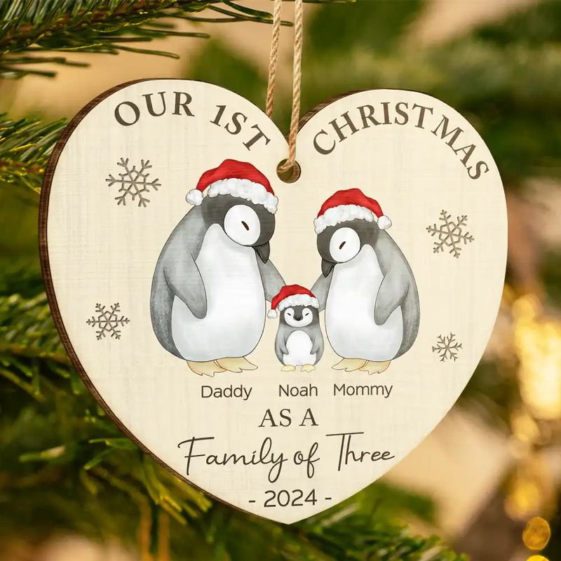 Family, Parents - First Christmas As A Family Of Three Penguin - Personalized Custom Shaped Wooden Ornament