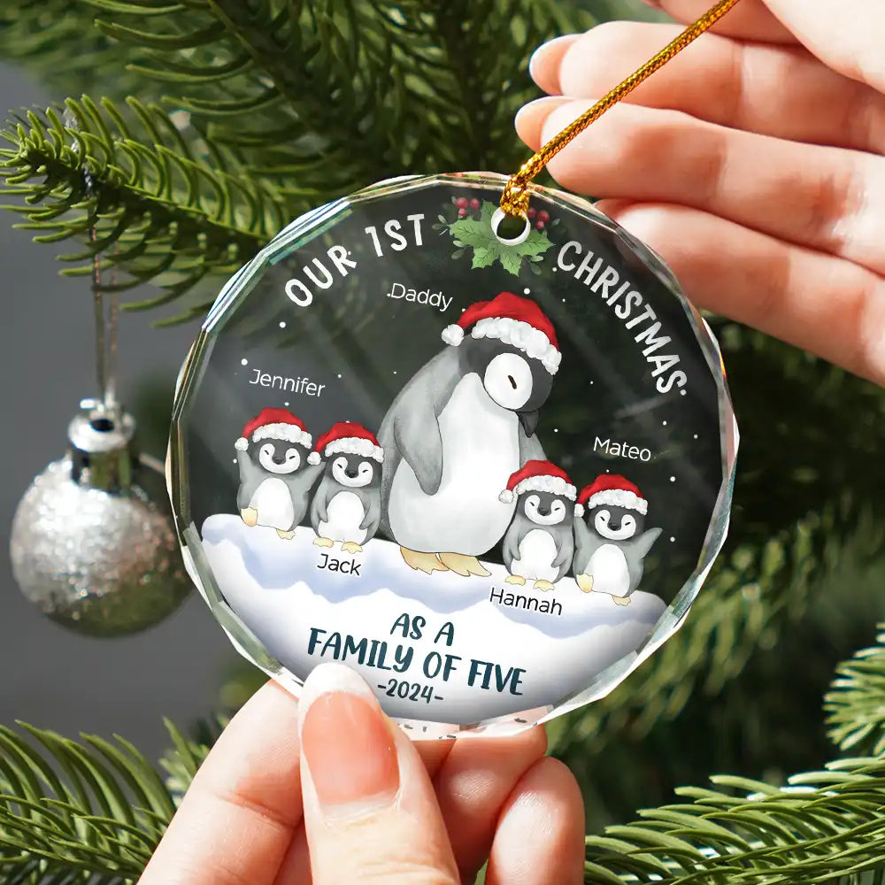 Christmas,Happy,Family,Parents - First Christmas As A Family Of Three Penguin - Personalized Circle Glass Ornament