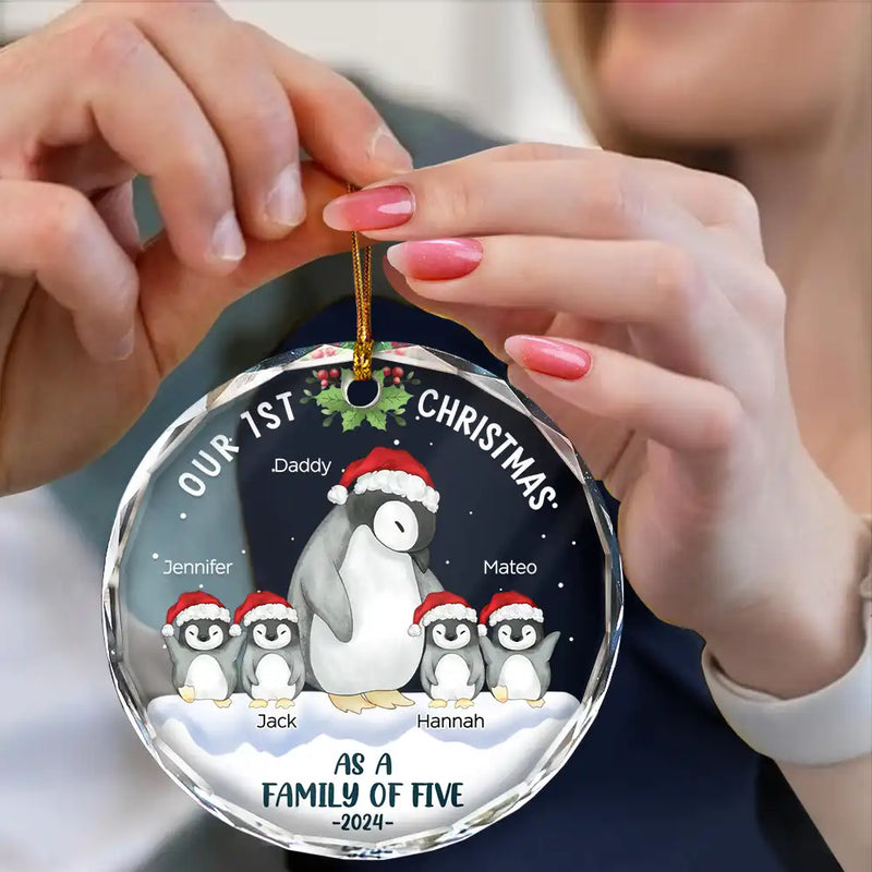 Christmas,Happy,Family,Parents - First Christmas As A Family Of Three Penguin - Personalized Circle Glass Ornament
