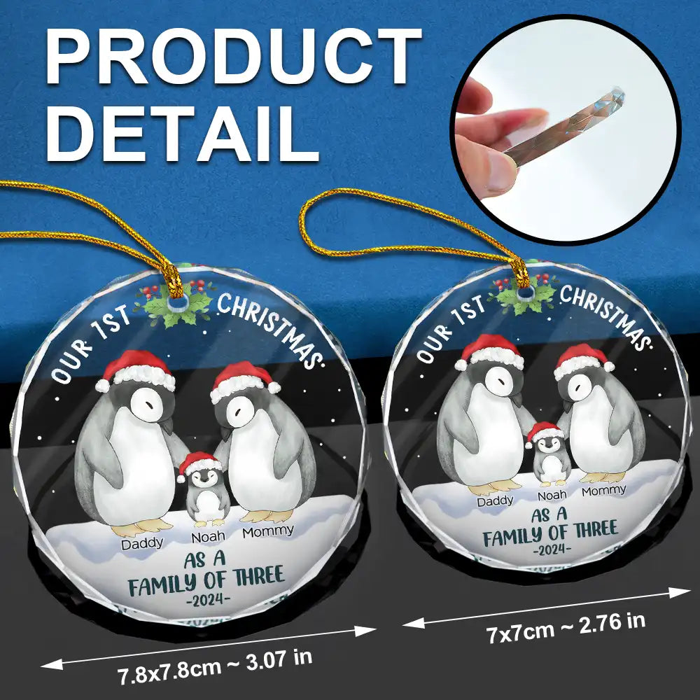 Christmas,Happy,Family,Parents - First Christmas As A Family Of Three Penguin - Personalized Circle Glass Ornament
