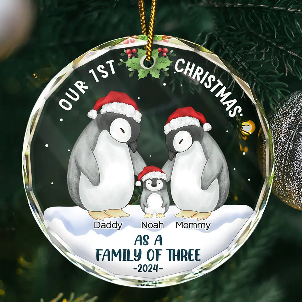 Christmas,Happy,Family,Parents - First Christmas As A Family Of Three Penguin - Personalized Circle Glass Ornament