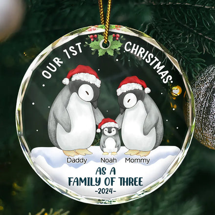 First Christmas As A Family Of Three Penguin - Personalized Circle Glass Ornament