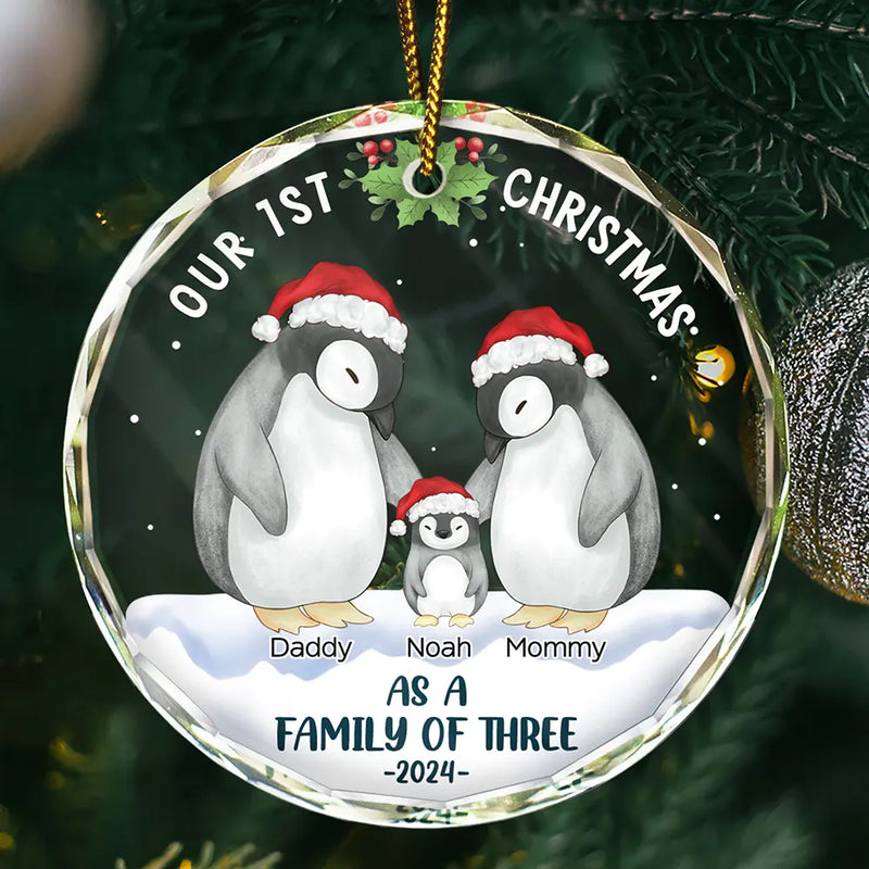 Christmas,Happy,Family,Parents - First Christmas As A Family Of Three Penguin - Personalized Circle Glass Ornament