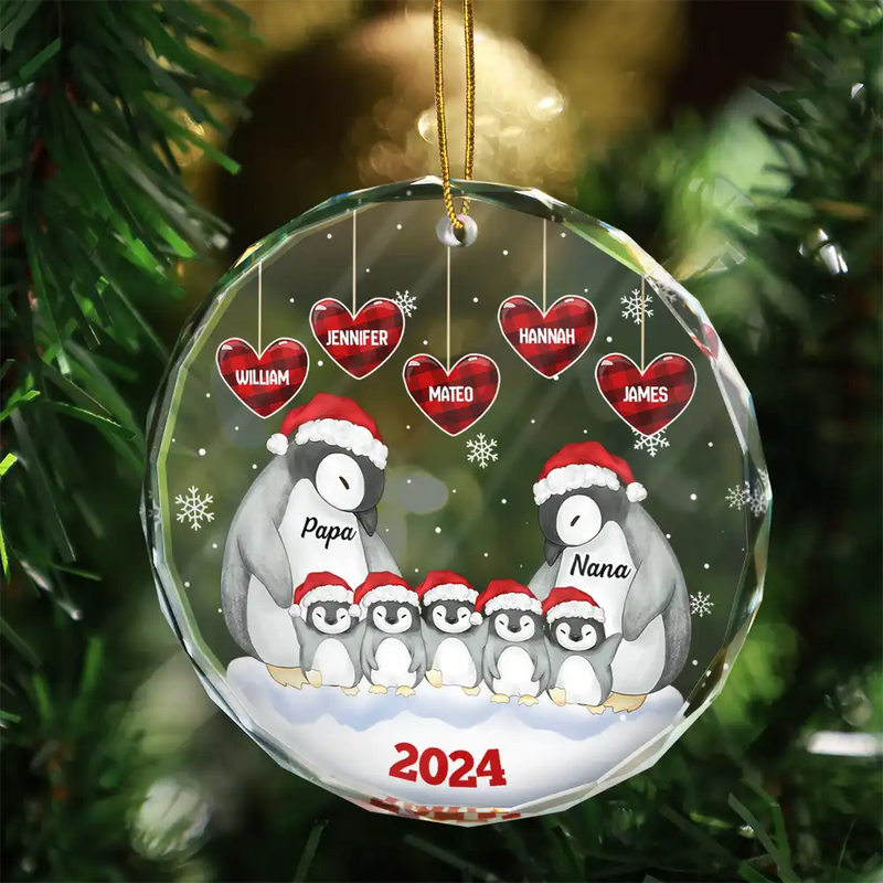 Gift For Grandparents - Papa Nana Penguin Christmas Grandparents - Personalized Circle Glass Ornament
