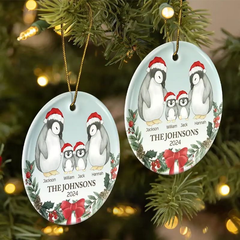 Family, Parents - Family Penguin Christmas - Personalized Circle Ceramic Ornament