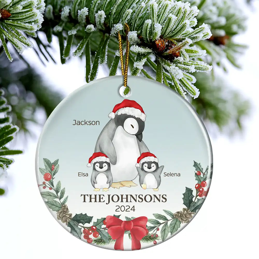 Family, Parents - Family Penguin Christmas - Personalized Circle Ceramic Ornament