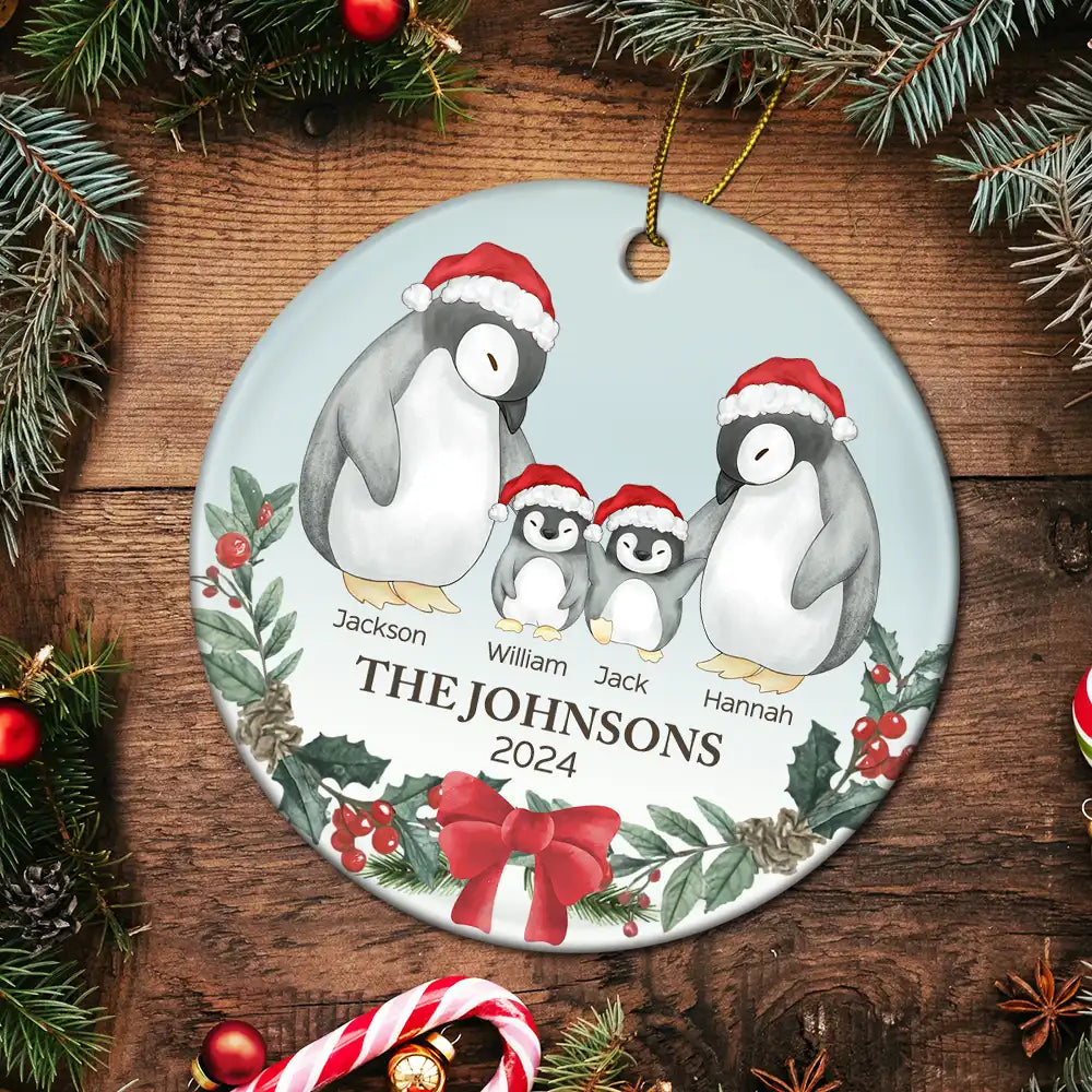 Family, Parents - Family Penguin Christmas - Personalized Circle Ceramic Ornament
