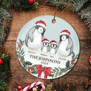 Family, Parents - Family Penguin Christmas - Personalized Circle Ceramic Ornament