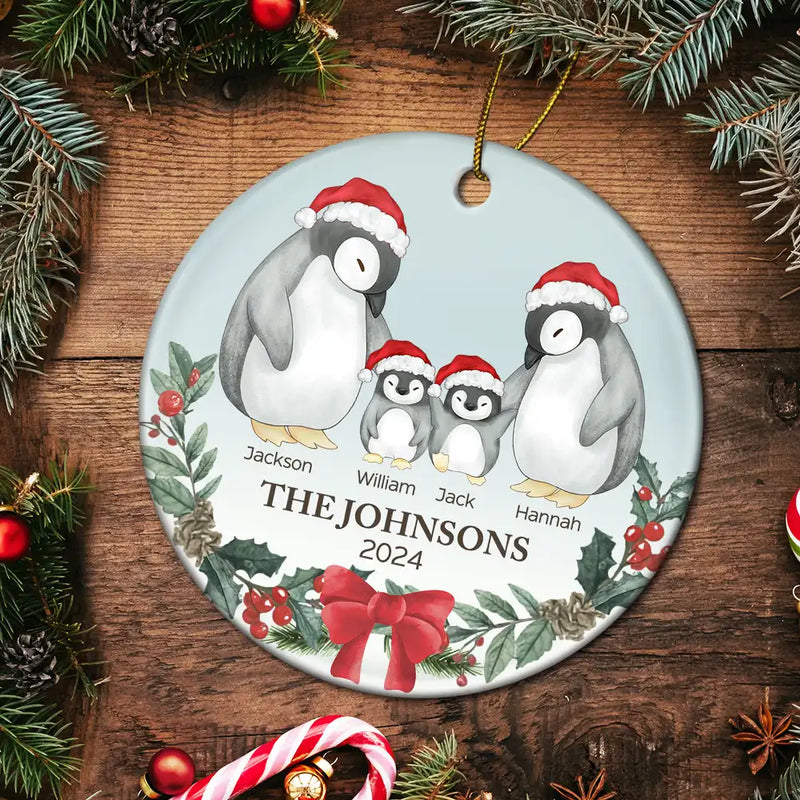 Family, Parents - Family Penguin Christmas - Personalized Circle Ceramic Ornament