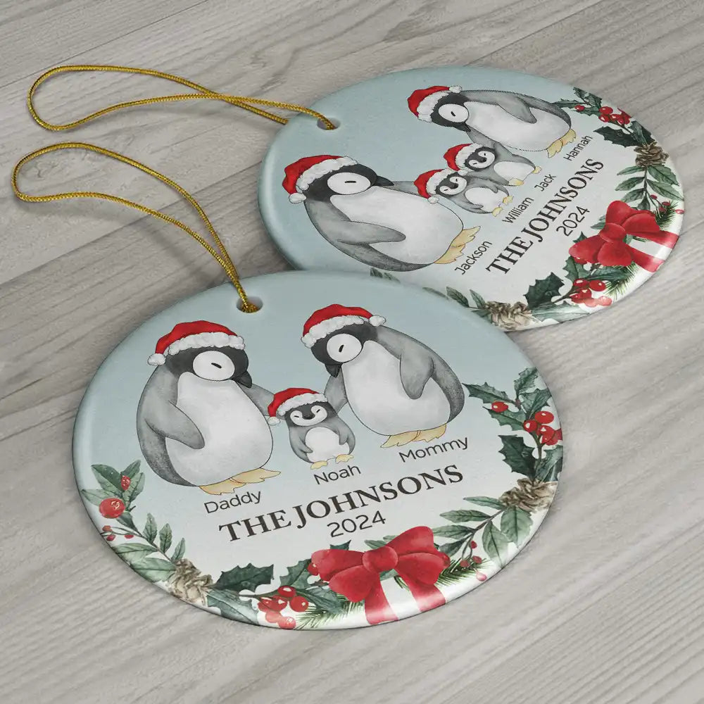 Family, Parents - Family Penguin Christmas - Personalized Circle Ceramic Ornament