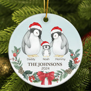 Family, Parents - Family Penguin Christmas - Personalized Circle Ceramic Ornament