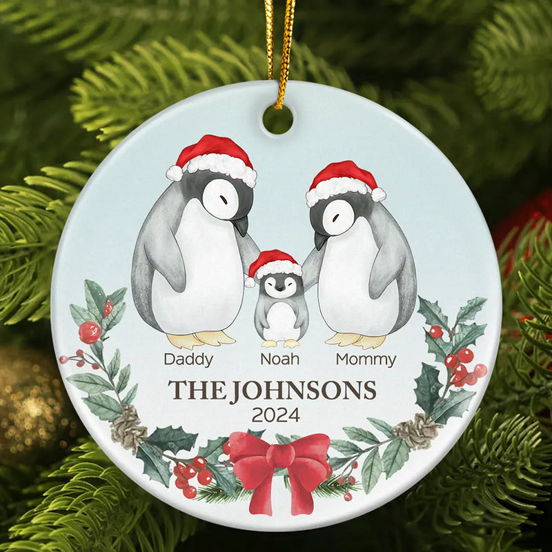 Family, Parents - Family Penguin Christmas - Personalized Circle Ceramic Ornament