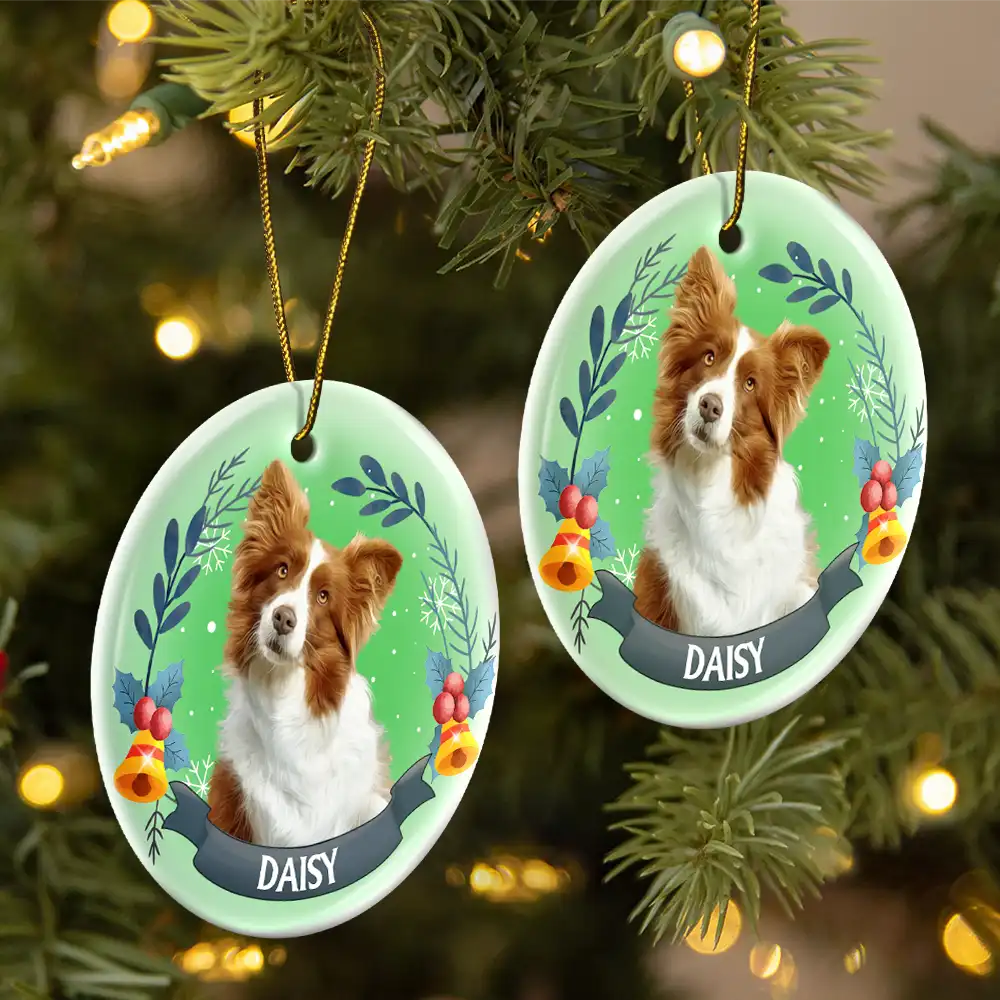 Memorial,Pet Lovers,Cat Lovers,Dog Lovers,Continue Shopping,Love - Custom Photo Pet Face Christmas Dog Cat - Personalized Circle Ceramic Ornament