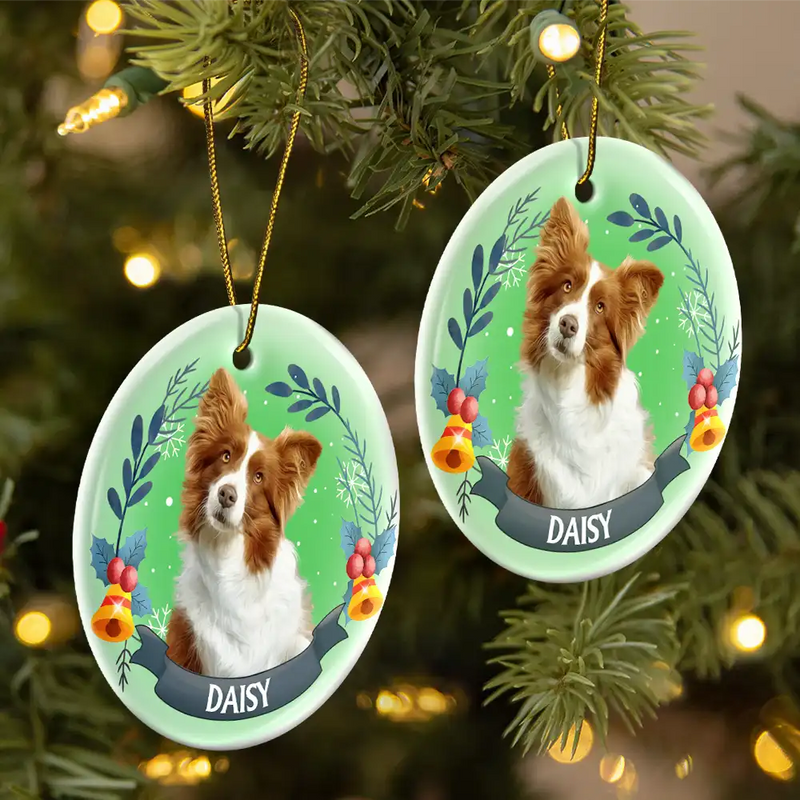 Memorial,Pet Lovers,Cat Lovers,Dog Lovers,Continue Shopping,Love - Custom Photo Pet Face Christmas Dog Cat - Personalized Circle Ceramic Ornament