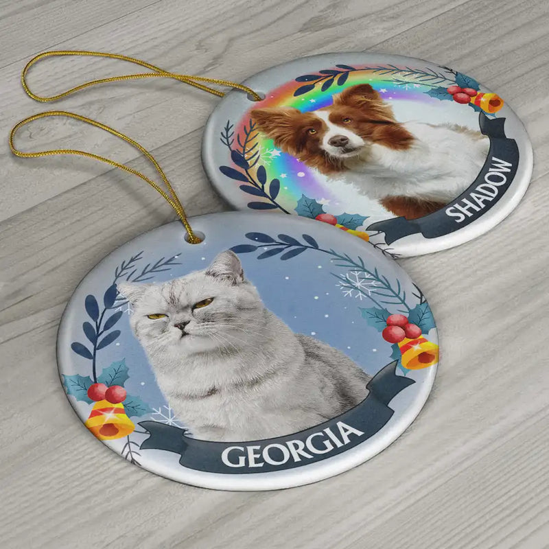 Memorial,Pet Lovers,Cat Lovers,Dog Lovers,Continue Shopping,Love - Custom Photo Pet Face Christmas Dog Cat - Personalized Circle Ceramic Ornament