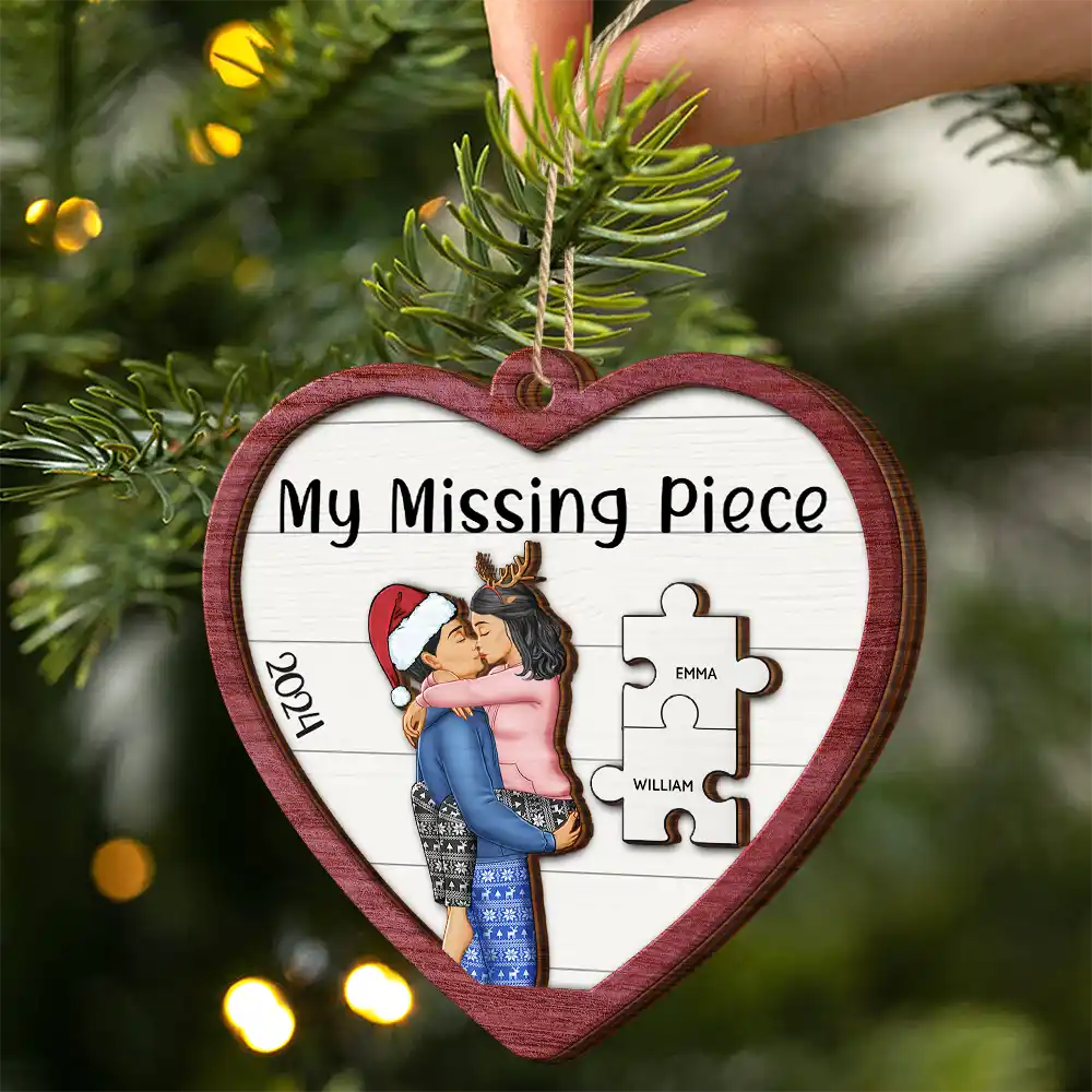 Gift For Couples - The Year I Found My Missing Piece Kissing Couples Heart Shape - Personalized 2-Layered Wooden Ornament