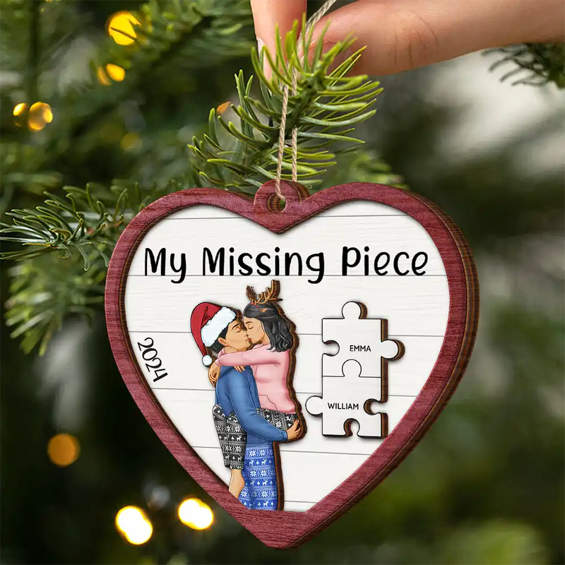 Gift For Couples - The Year I Found My Missing Piece Kissing Couples Heart Shape - Personalized 2-Layered Wooden Ornament