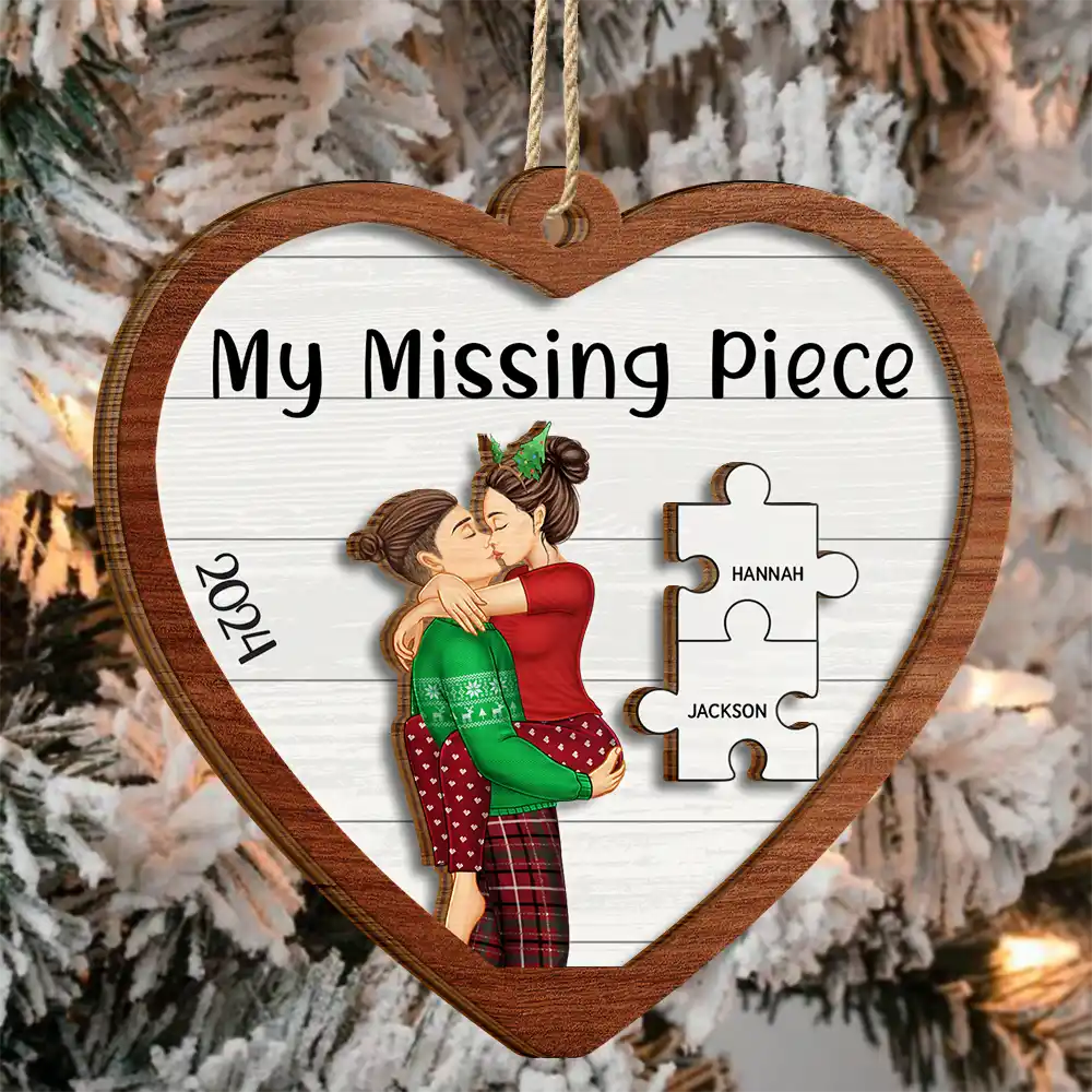 Gift For Couples - The Year I Found My Missing Piece Kissing Couples Heart Shape - Personalized 2-Layered Wooden Ornament