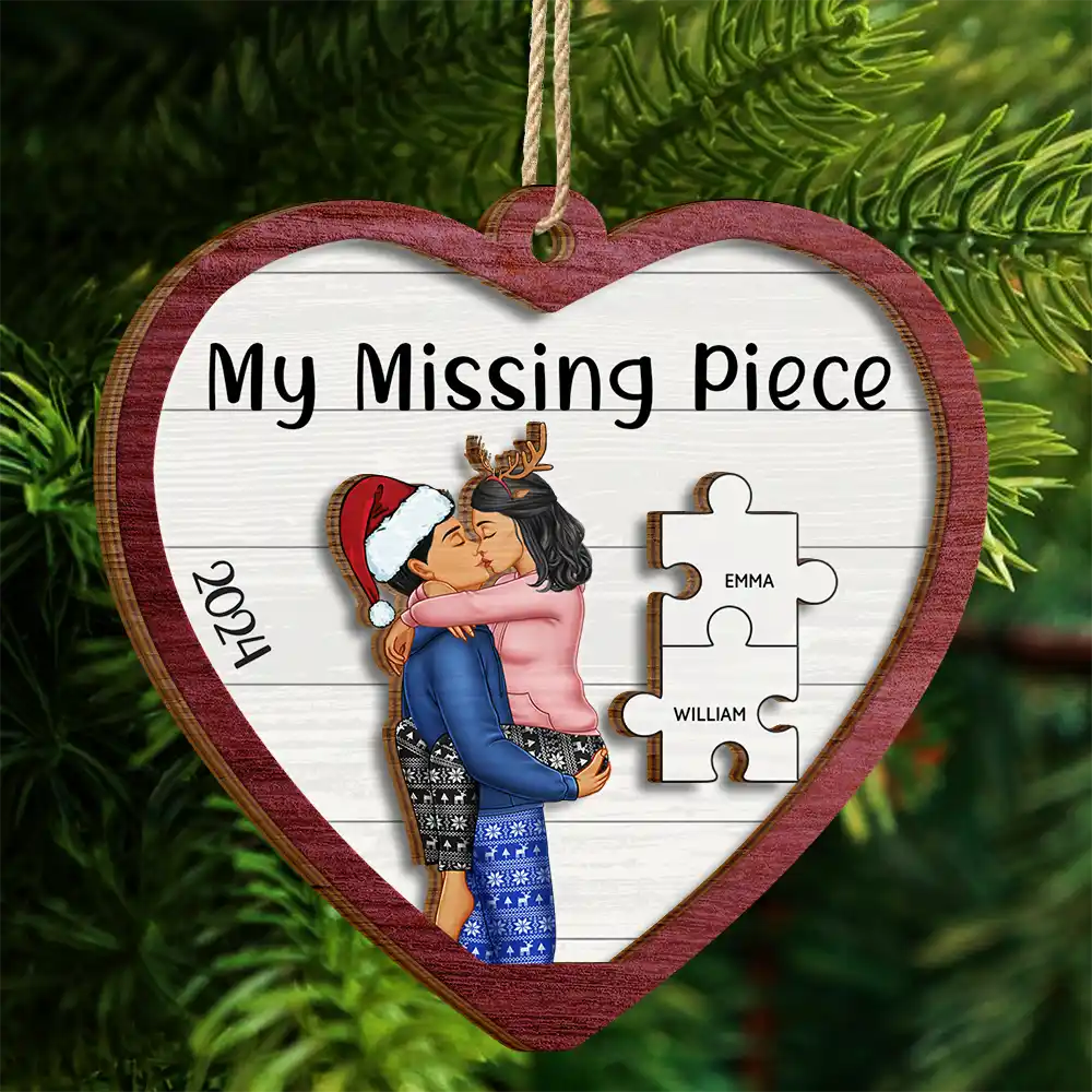 Gift For Couples - The Year I Found My Missing Piece Kissing Couples Heart Shape - Personalized 2-Layered Wooden Ornament