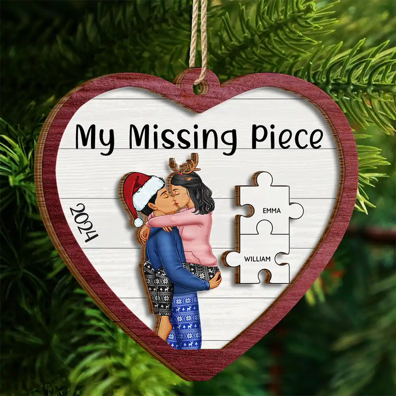 Gift For Couples - The Year I Found My Missing Piece Kissing Couples Heart Shape - Personalized 2-Layered Wooden Ornament